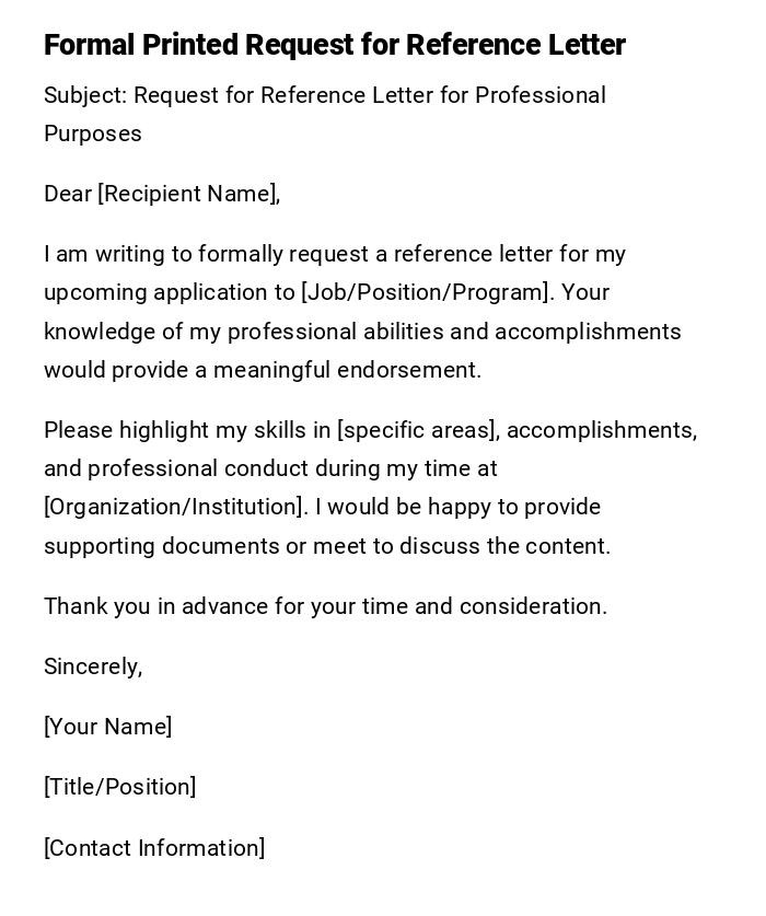 Formal Printed Request for Reference Letter Formal Printed Request for Reference Letter