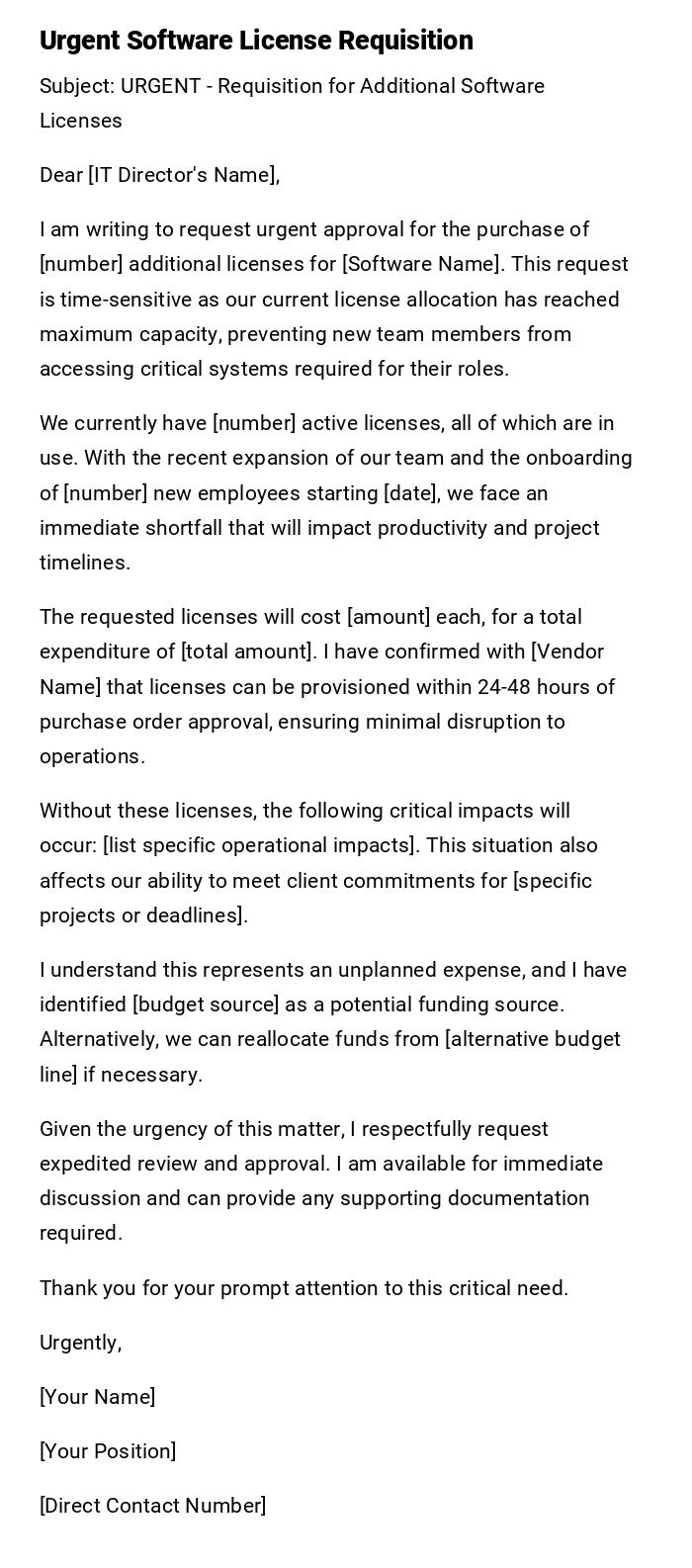 Urgent Software License Requisition Urgent Software License Requisition