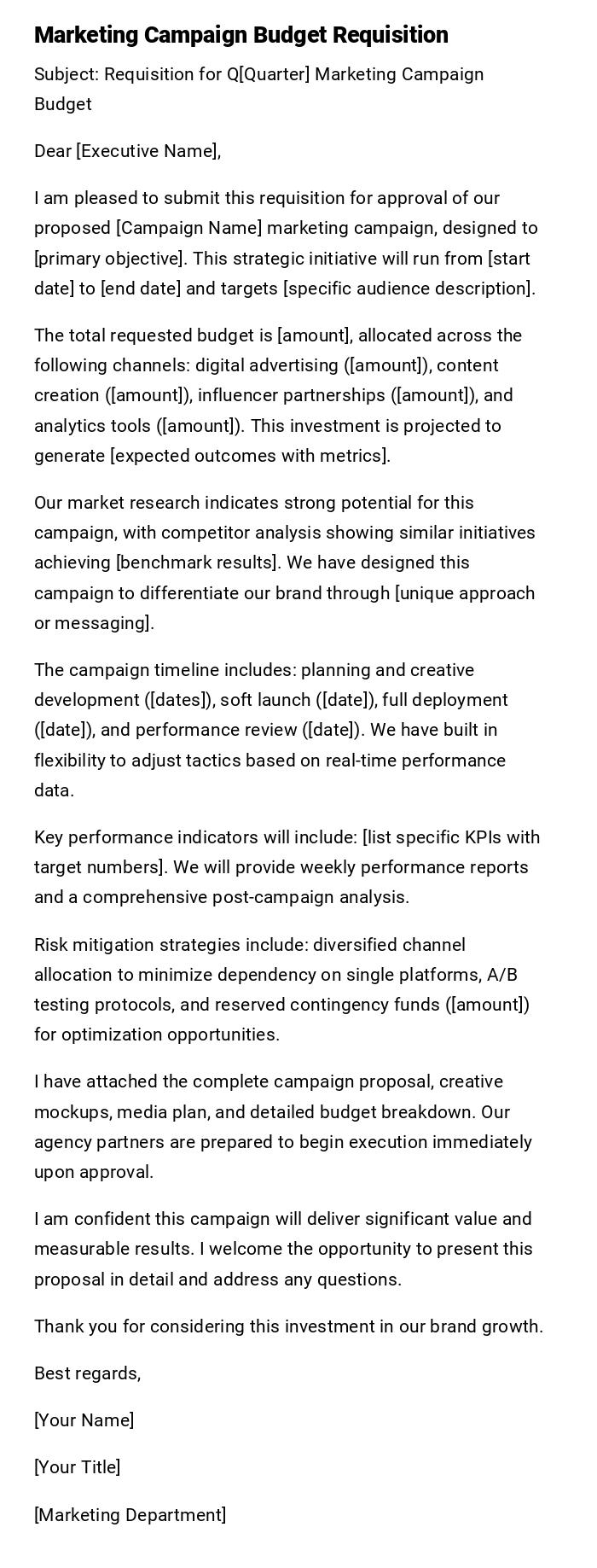 Marketing Campaign Budget Requisition Marketing Campaign Budget Requisition