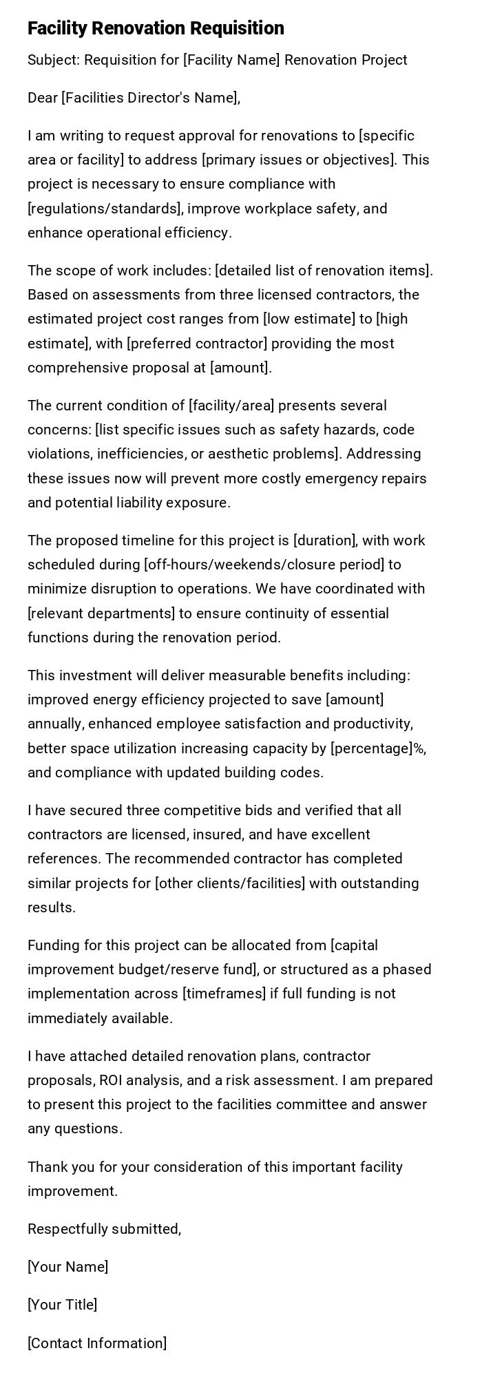 Facility Renovation Requisition Facility Renovation Requisition