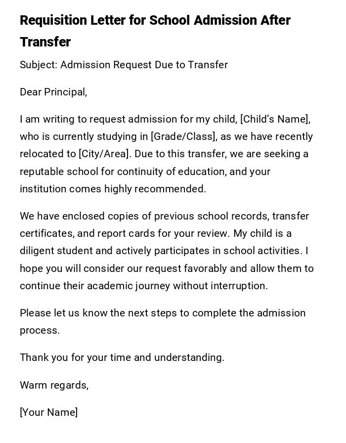 Requisition Letter for School Admission After Transfer Requisition Letter for School Admission After Transfer