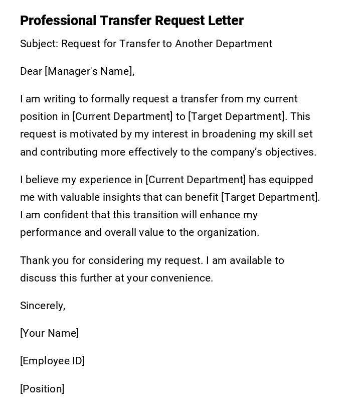 Professional Transfer Request Letter Professional Transfer Request Letter