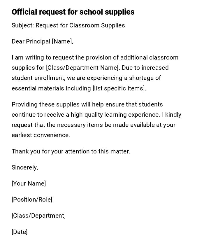 Official request for school supplies Official request for school supplies