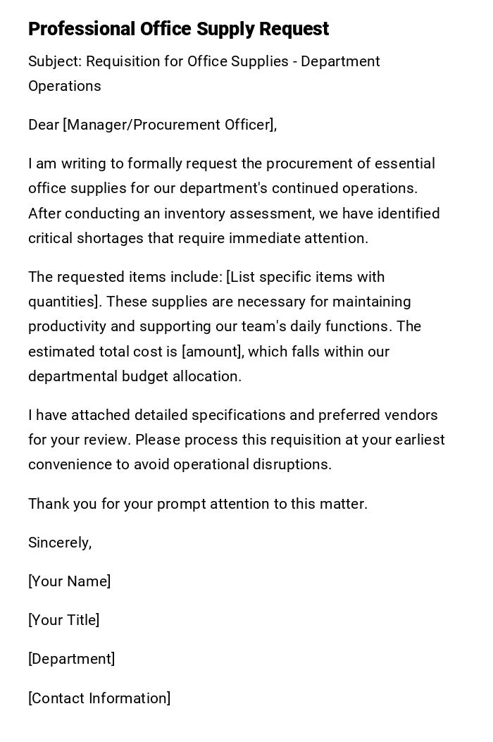 Professional Office Supply Request Professional Office Supply Request
