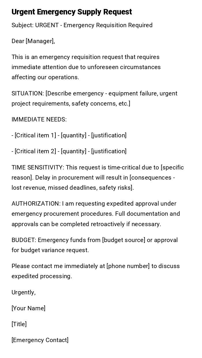 Urgent Emergency Supply Request Urgent Emergency Supply Request