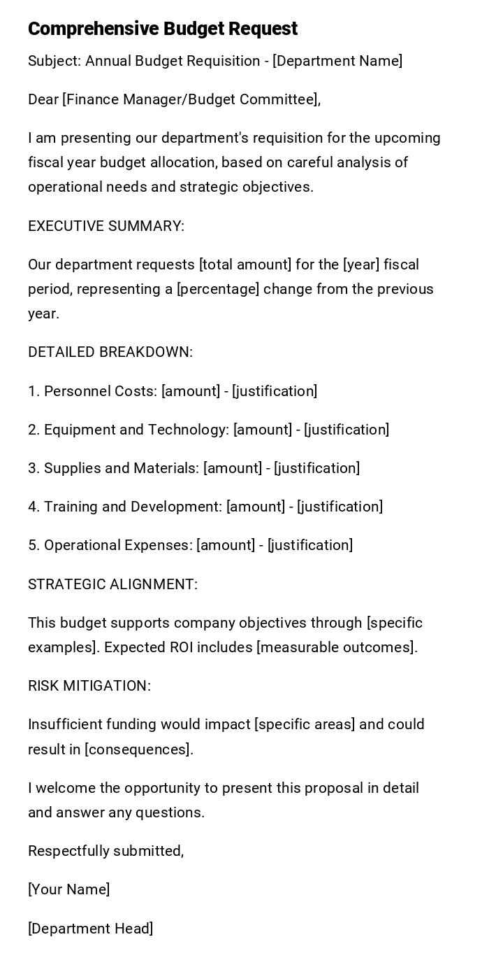 Comprehensive Budget Request Comprehensive Budget Request