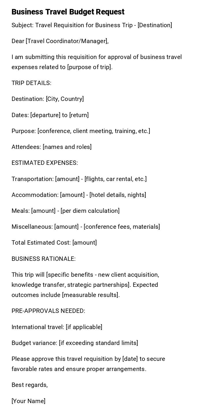 Business Travel Budget Request Business Travel Budget Request