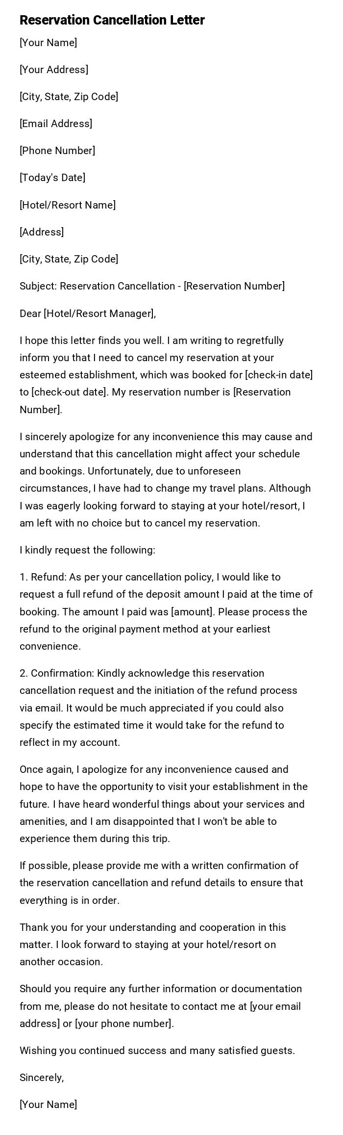 Reservation Cancellation Letter Reservation Cancellation Letter