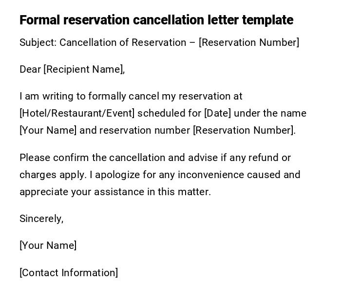 Formal reservation cancellation letter template Formal reservation cancellation letter template