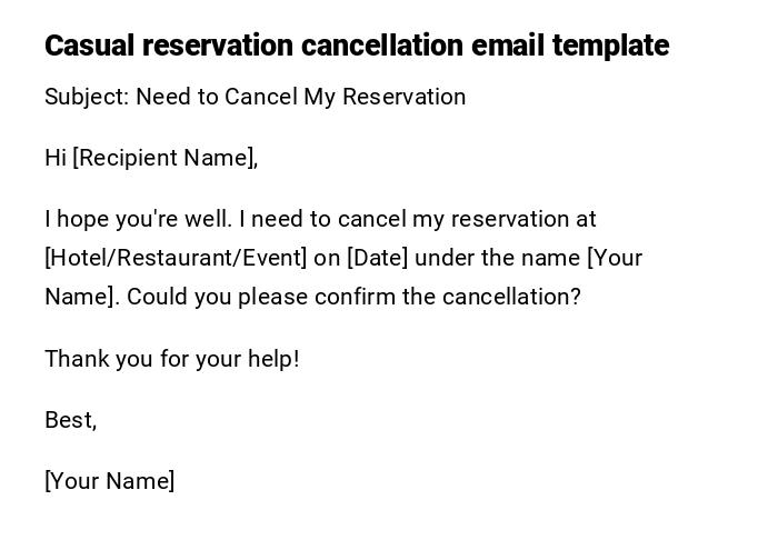 Casual reservation cancellation email template Casual reservation cancellation email template