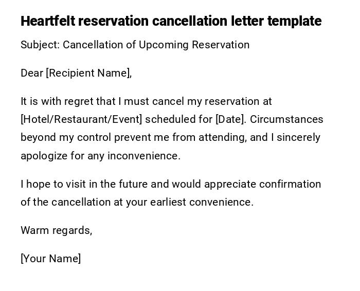Heartfelt reservation cancellation letter template Heartfelt reservation cancellation letter template