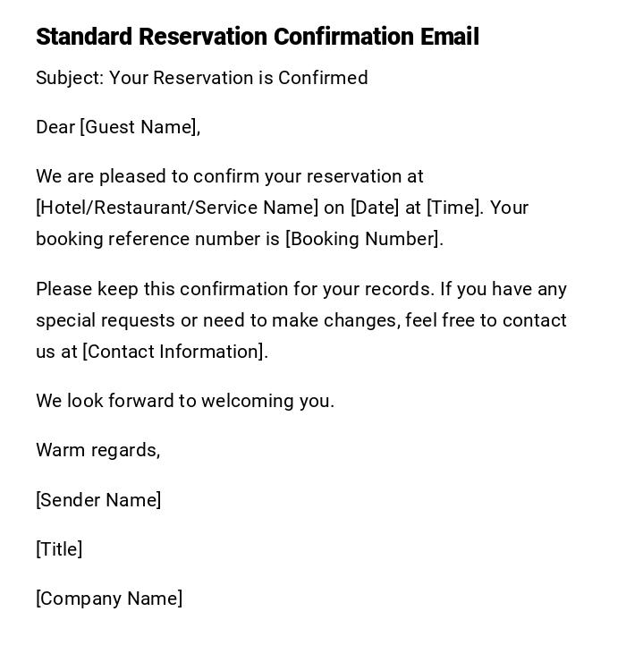 Standard Reservation Confirmation Email