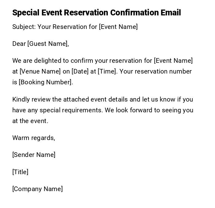 Special Event Reservation Confirmation Email
