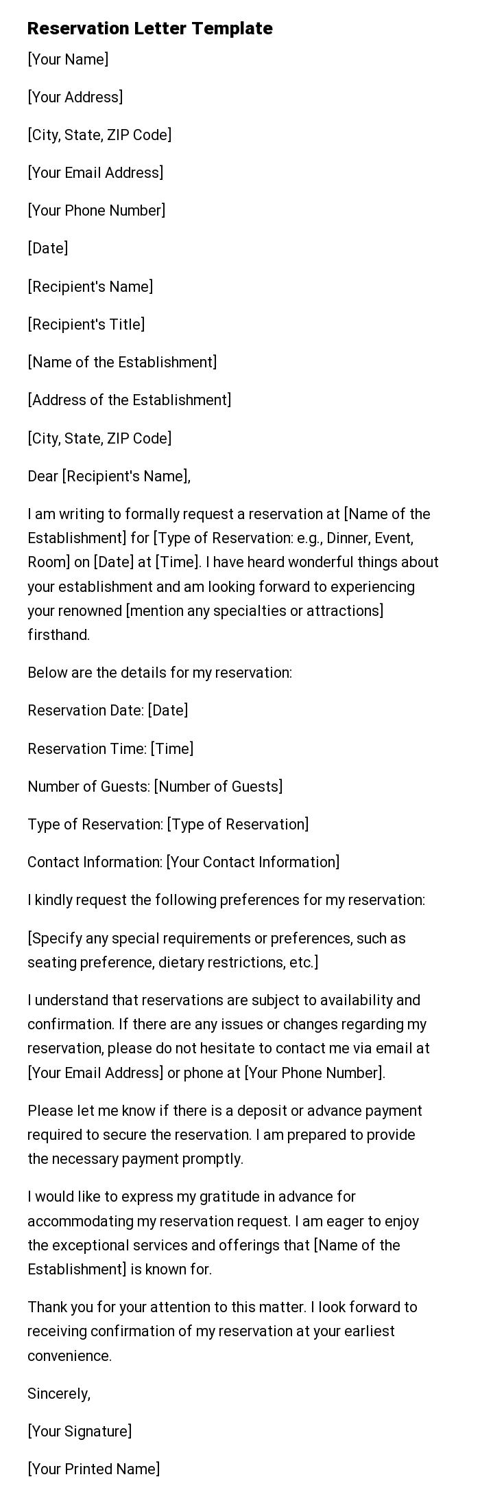 Reservation Letter Template