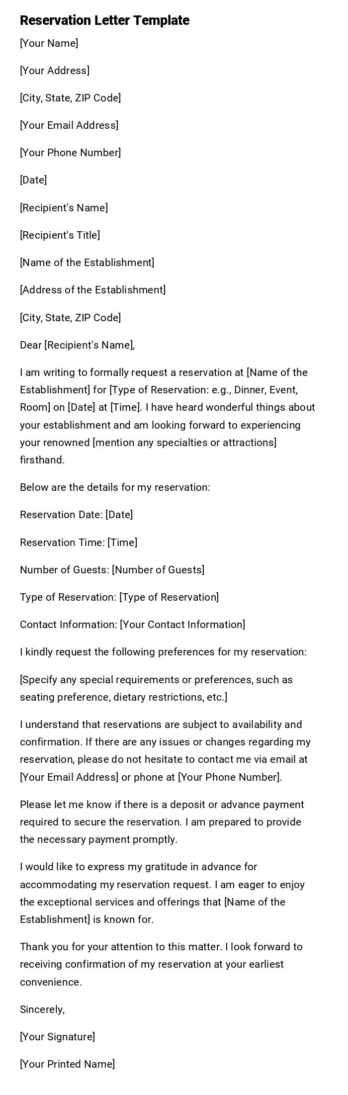 Reservation Letter Template