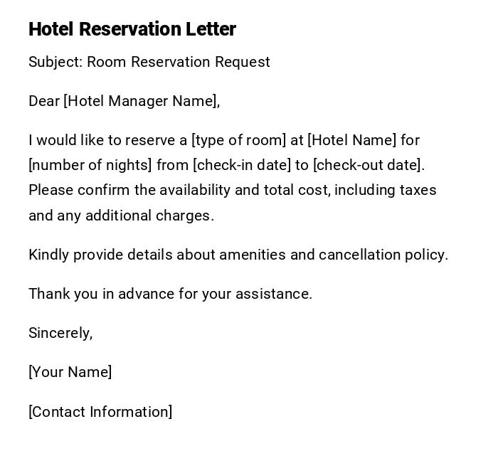 Hotel Reservation Letter Hotel Reservation Letter