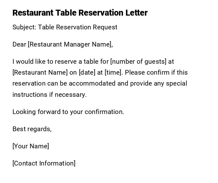 Restaurant Table Reservation Letter Restaurant Table Reservation Letter