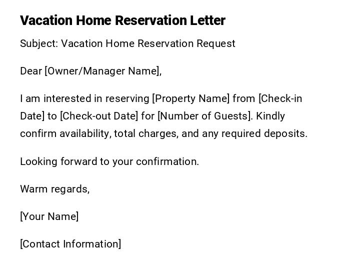 Vacation Home Reservation Letter Vacation Home Reservation Letter