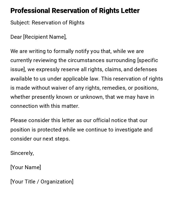 Professional Reservation of Rights Letter Professional Reservation of Rights Letter