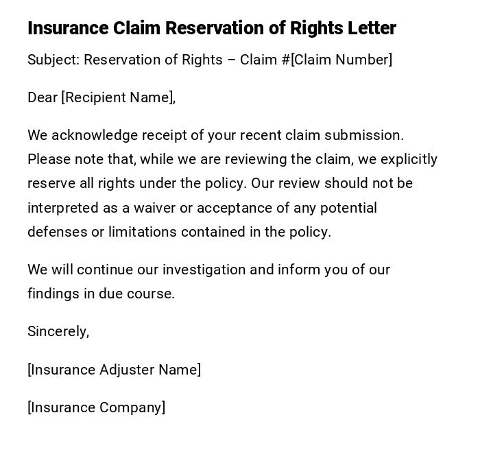 Insurance Claim Reservation of Rights Letter Insurance Claim Reservation of Rights Letter