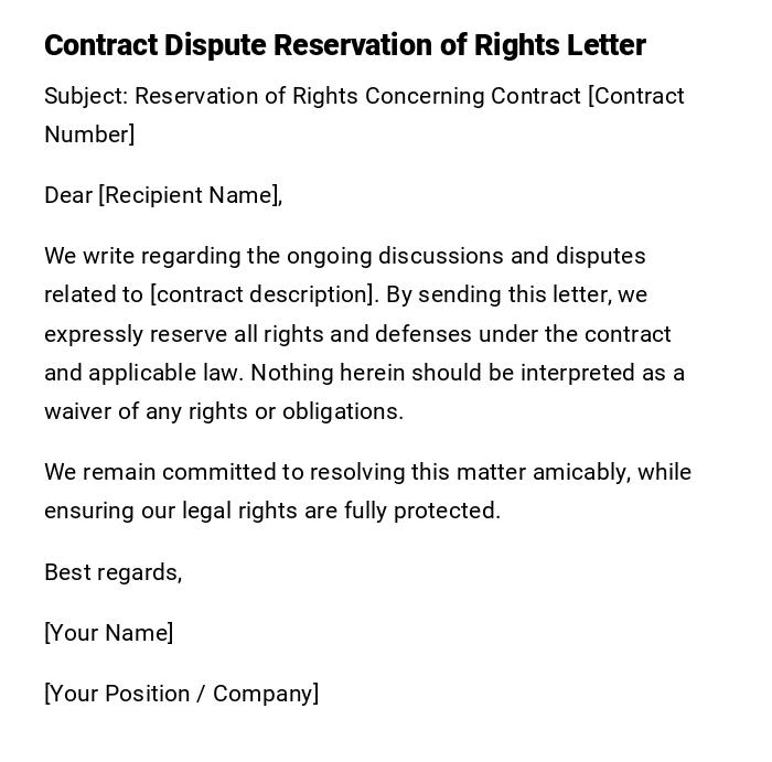 Contract Dispute Reservation of Rights Letter Contract Dispute Reservation of Rights Letter
