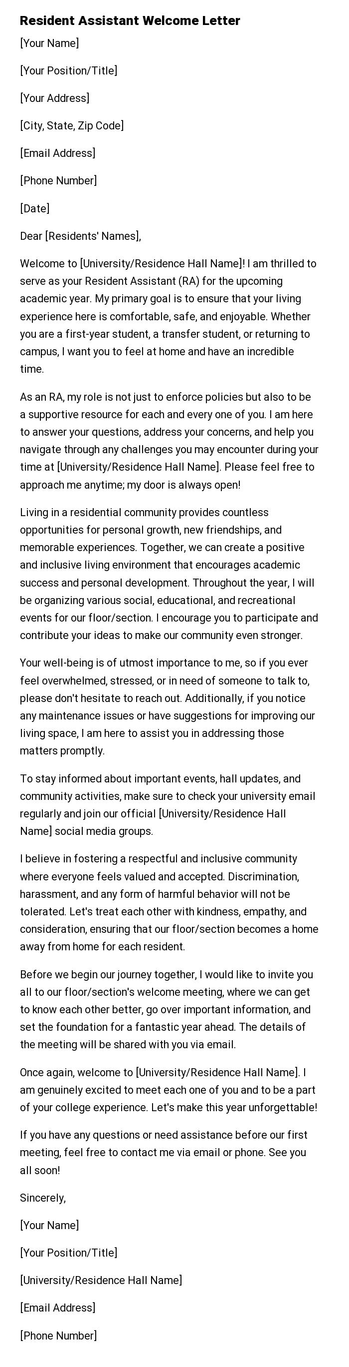 Resident Assistant Welcome Letter