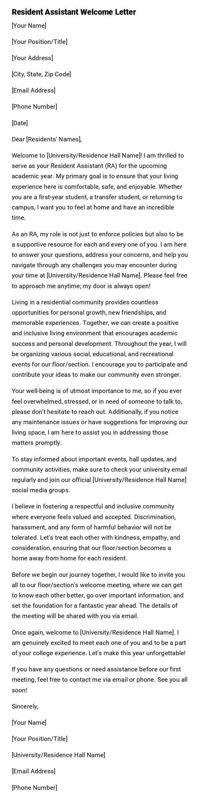 Resident Assistant Welcome Letter