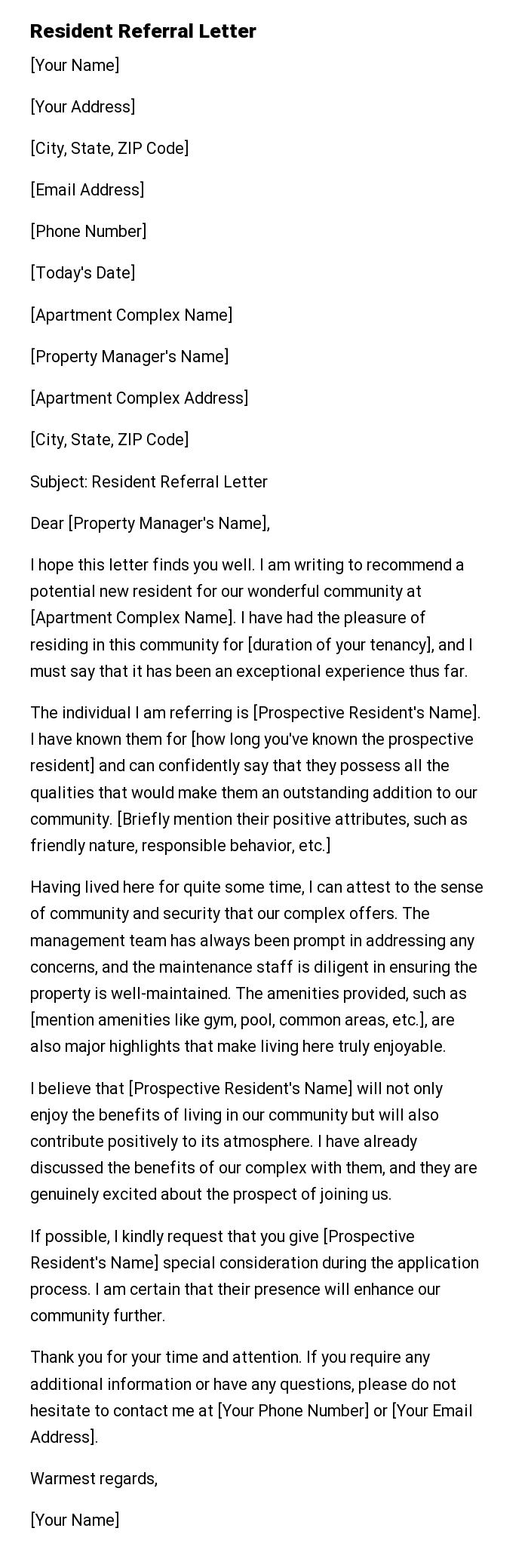 Resident Referral Letter