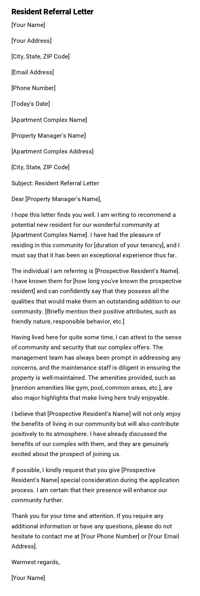 Resident Referral Letter