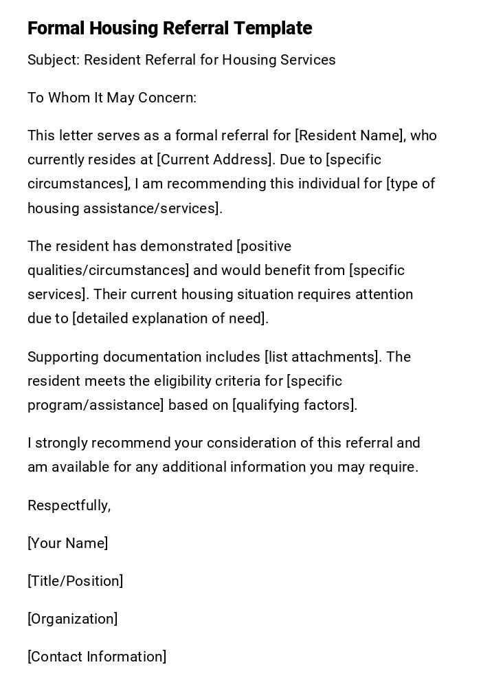 Formal Housing Referral Template Formal Housing Referral Template