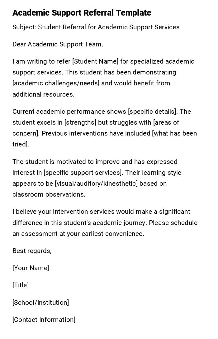 Academic Support Referral Template Academic Support Referral Template