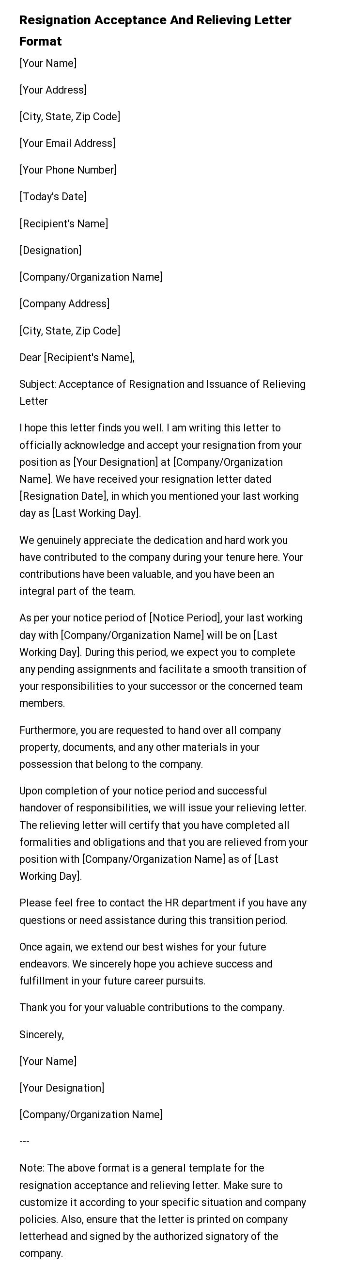 Resignation Acceptance And Relieving Letter Format
