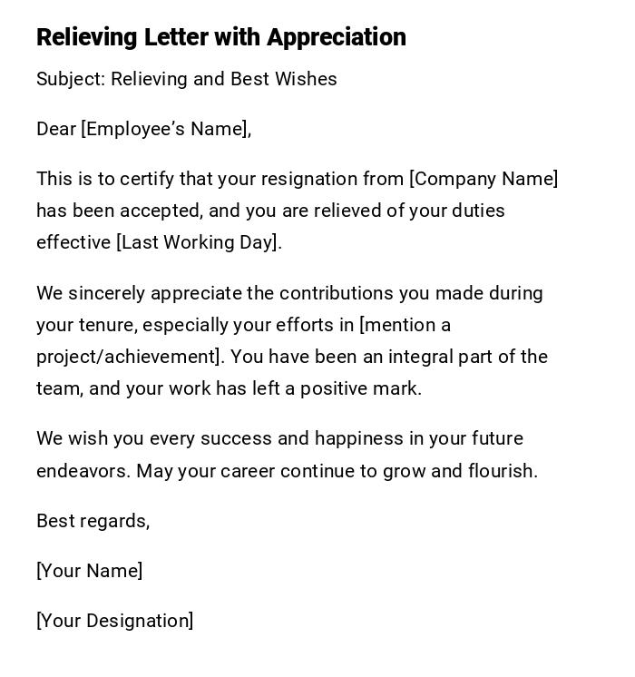 Relieving Letter with Appreciation Relieving Letter with Appreciation