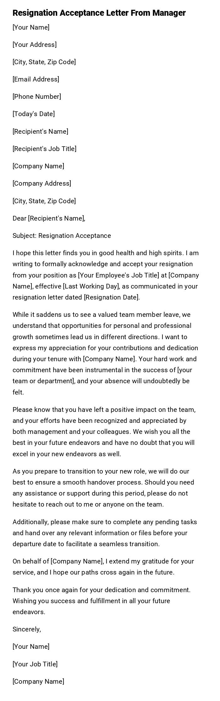 Resignation Acceptance Letter From Manager