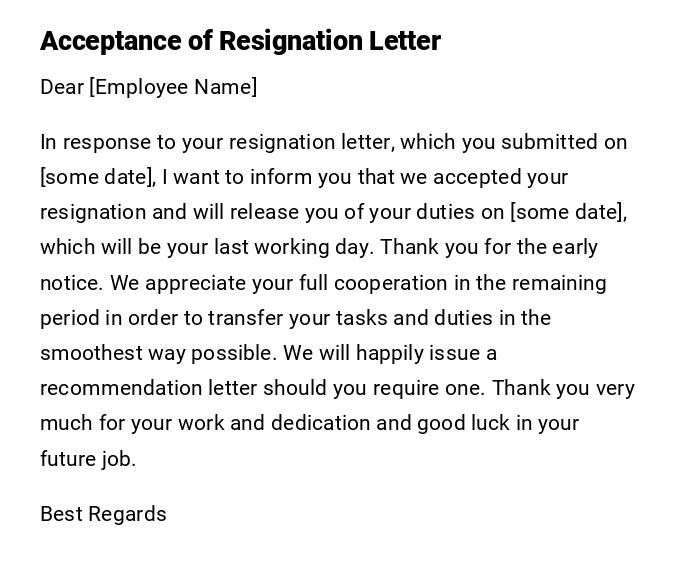 Acceptance of Resignation Letter