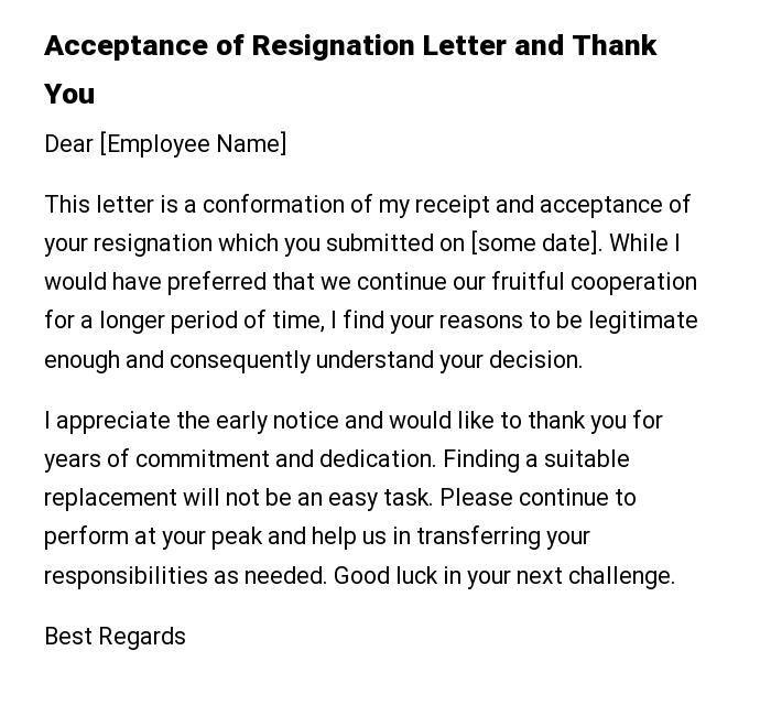 Acceptance of Resignation Letter and Thank You