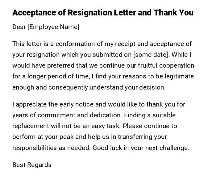 Acceptance of Resignation Letter and Thank You