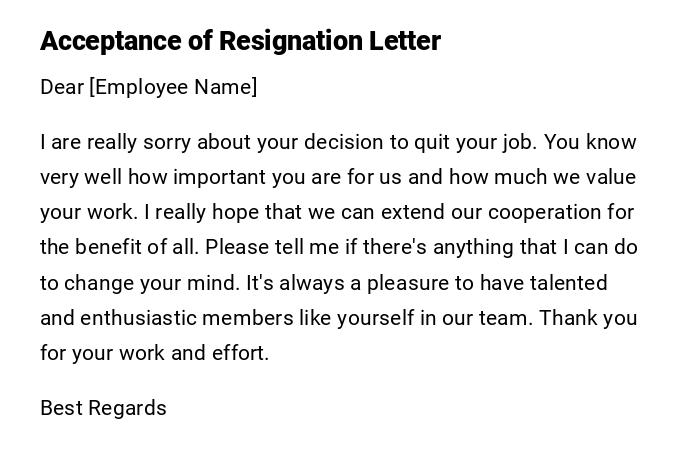 Acceptance of Resignation Letter