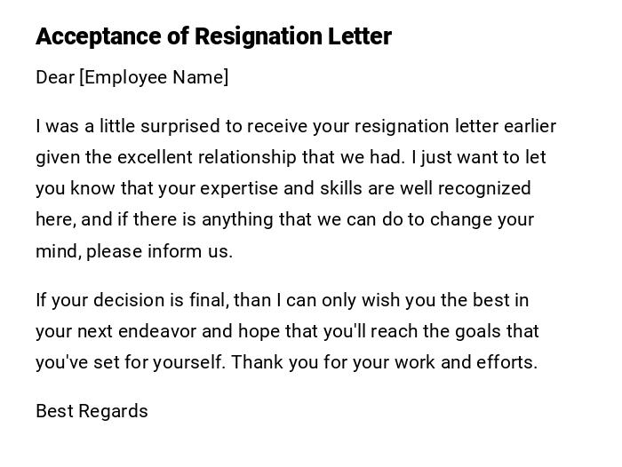 Acceptance of Resignation Letter