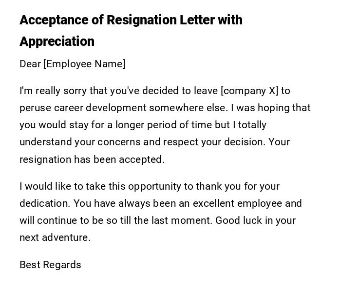 Acceptance of Resignation Letter with Appreciation