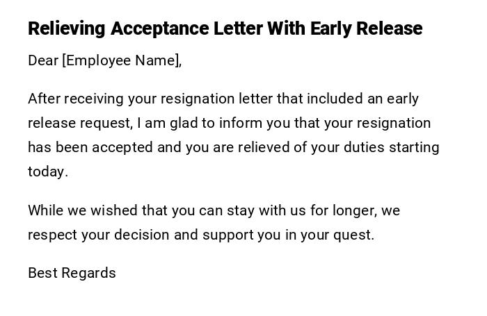 Relieving Acceptance Letter With Early Release