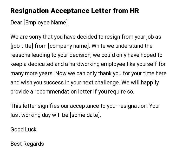 Resignation Acceptance Letter from HR