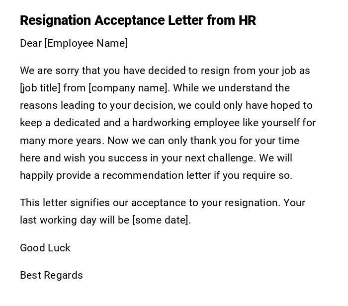 Resignation Acceptance Letter from HR