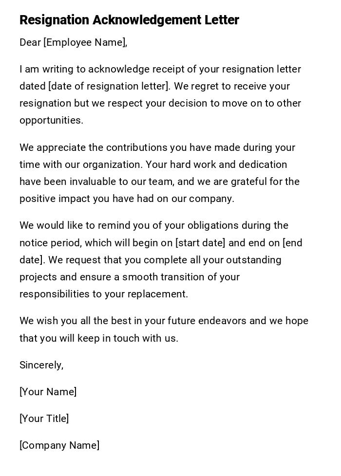 Resignation Acknowledgement Letter