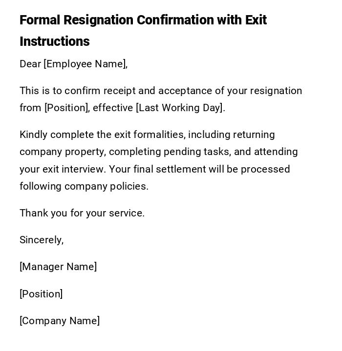 Formal Resignation Confirmation with Exit Instructions