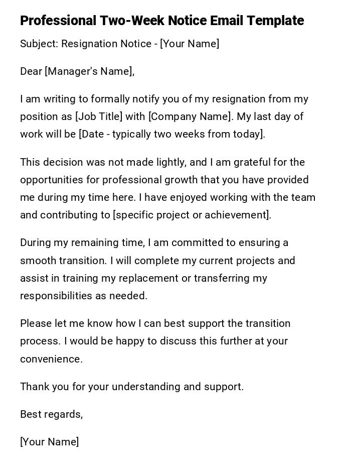 Professional Two-Week Notice Email Template