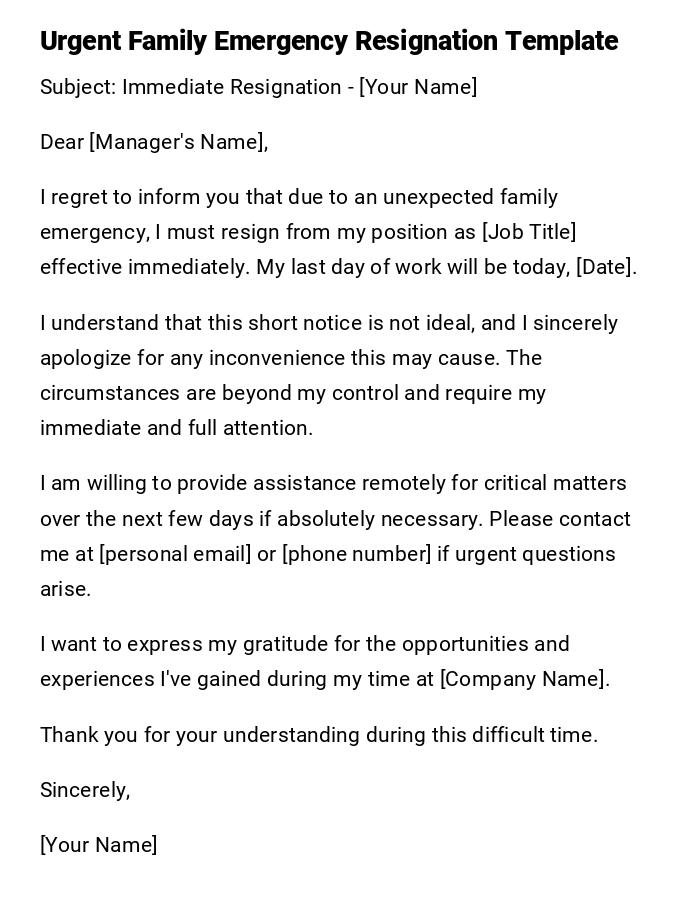 Urgent Family Emergency Resignation Template