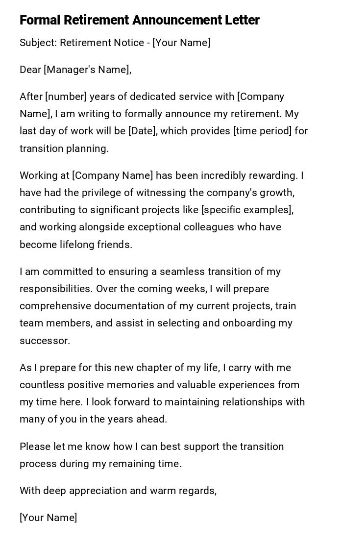 Formal Retirement Announcement Letter