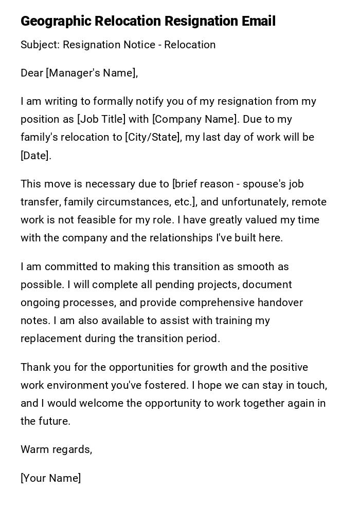 Geographic Relocation Resignation Email