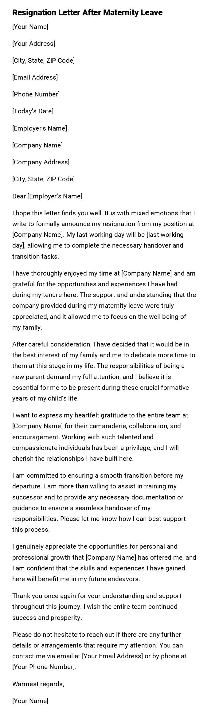 Resignation Letter After Maternity Leave